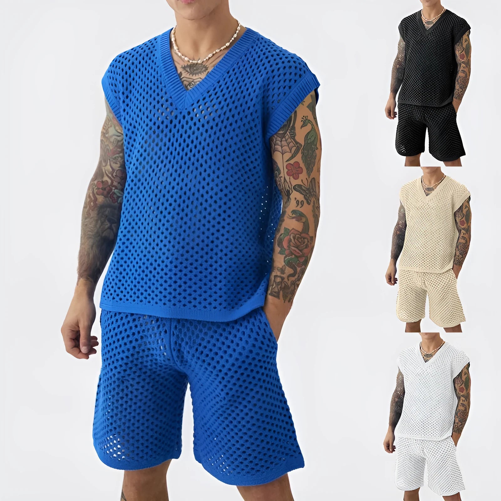 Men's blue knitted V-neck vest and matching shorts suit for summer sports