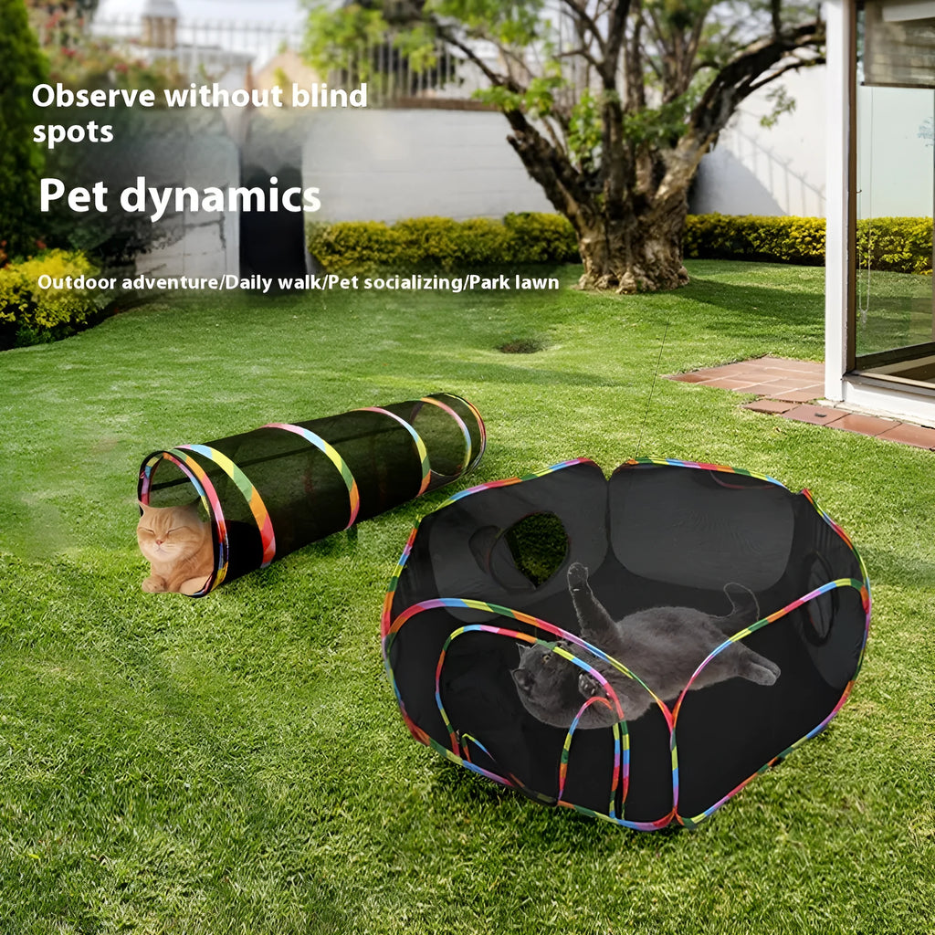 Foldable mesh cat play tent in hexagonal style showing mesh construction and interior space