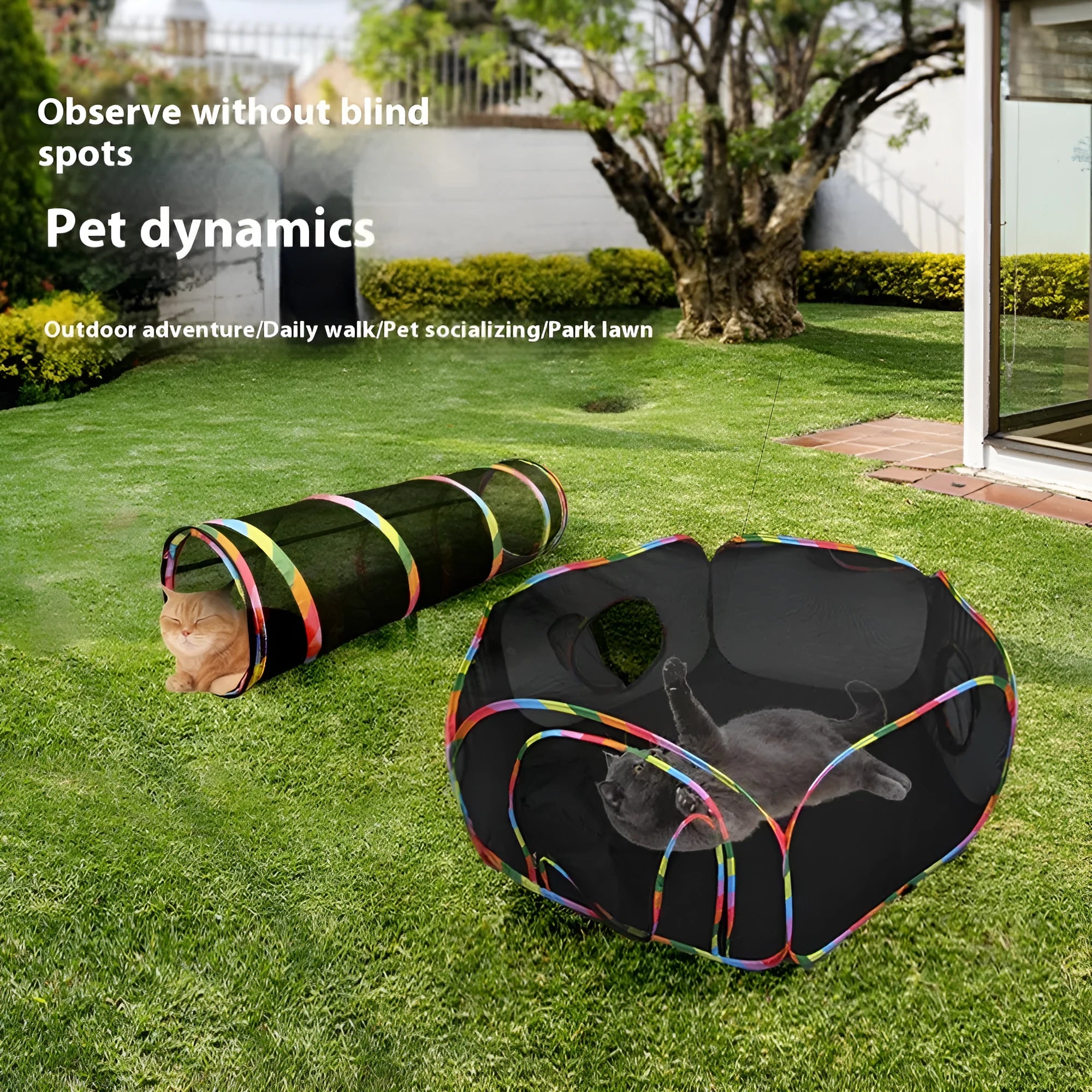 Foldable mesh cat play tent in hexagonal style showing mesh construction and interior space