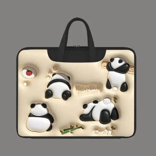 Inflatable grey laptop bag with a cute panda design, showing the inflation valve and back strap for attaching to suitcase handle.