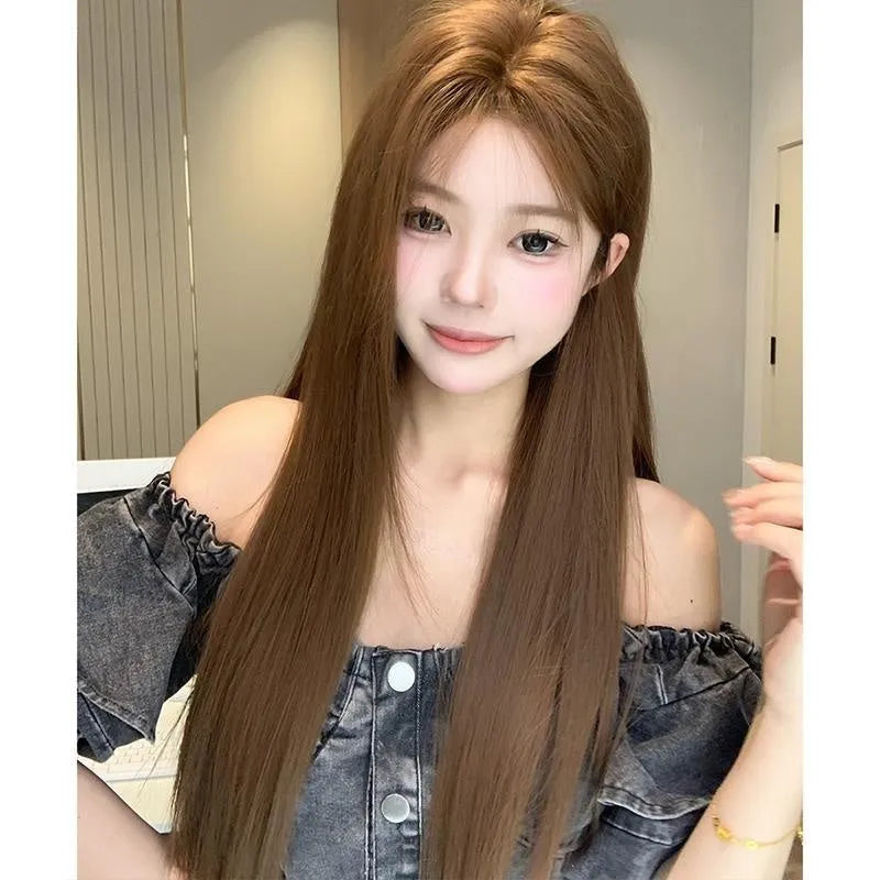 Warm brown long straight wig with centre-parted bangs and a white forehead lace front.
