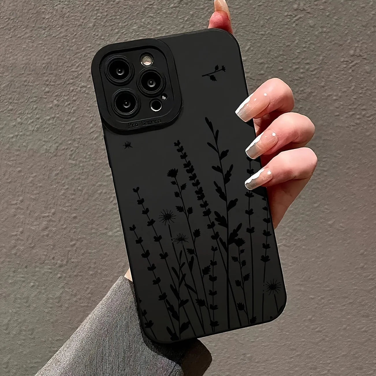 Black TPU silicone phone case with flowers and branches print straight edge frosted finish for iPhone