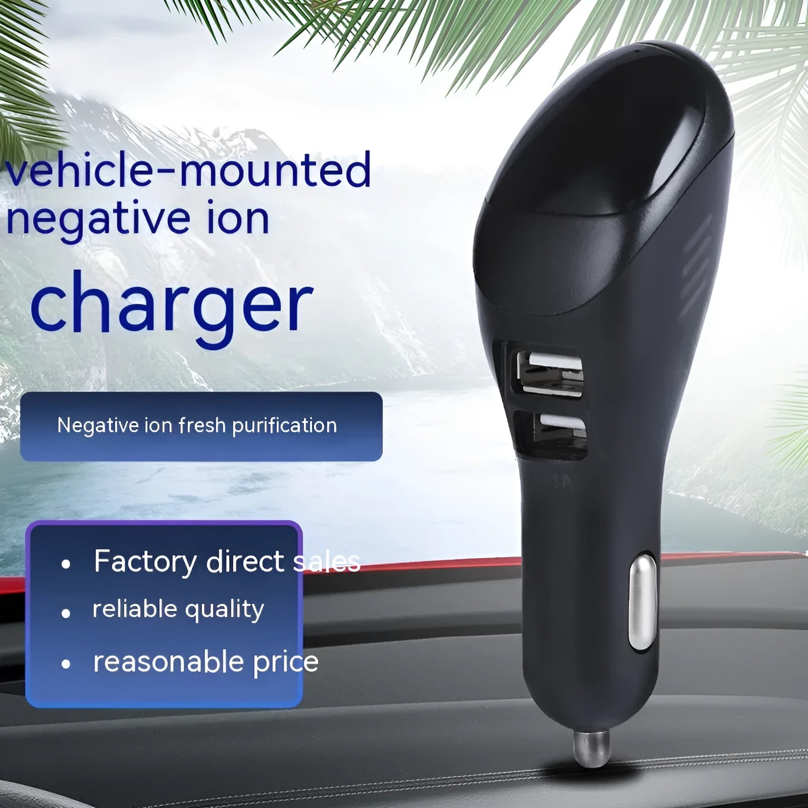 White car USB charger with negative ion air purifier measuring 103mm with dual charging ports