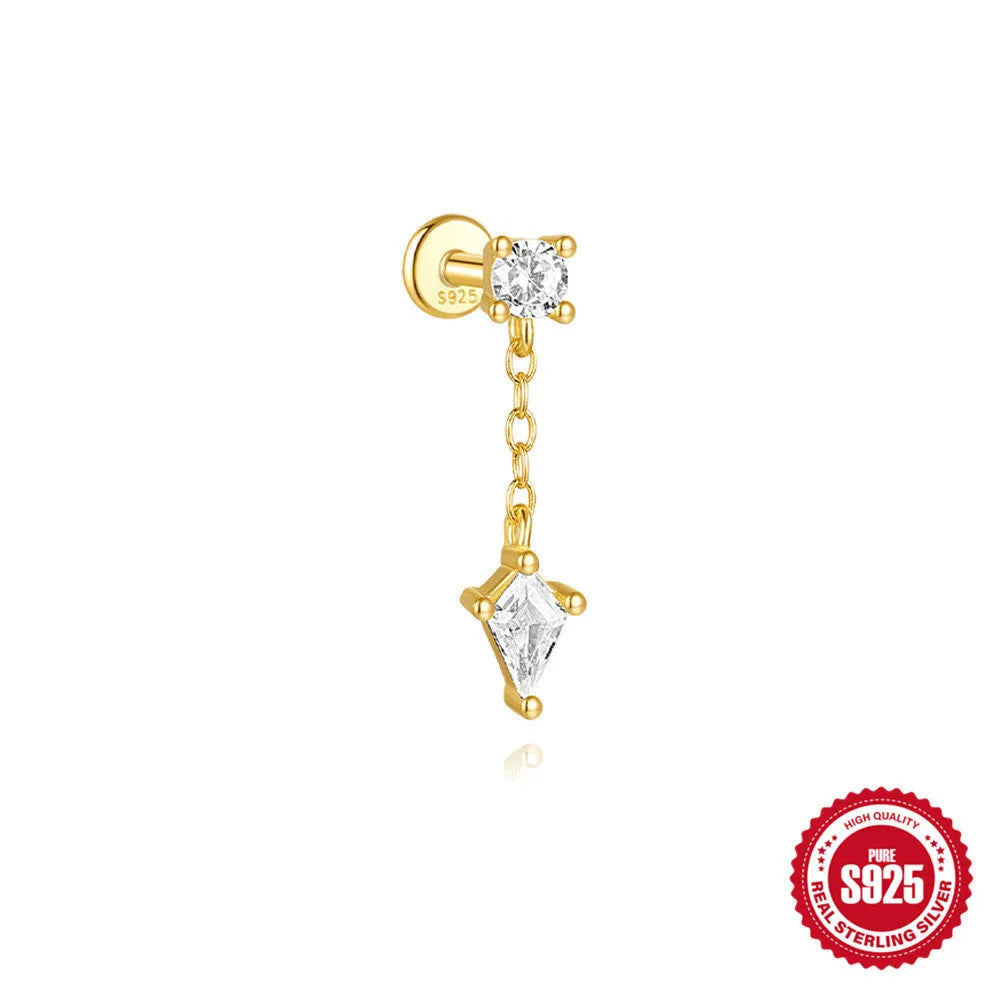 S925 sterling silver geometric kite earring with rhinestones and a chain tassel in a gold colour.