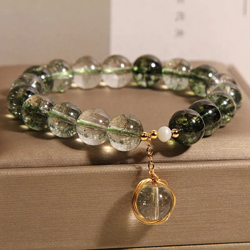 Natural chlorite crystal bracelet with green phantom quartz winding transfer beads, women's style