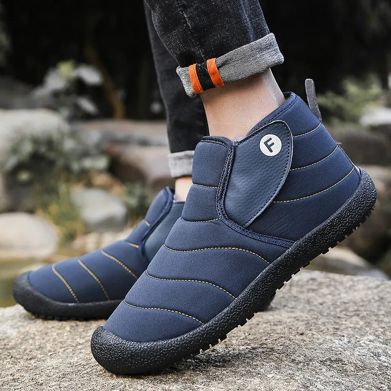 Men's waterproof cotton snow boots with non-slip rubber soles in yellow, green, blue, or black.