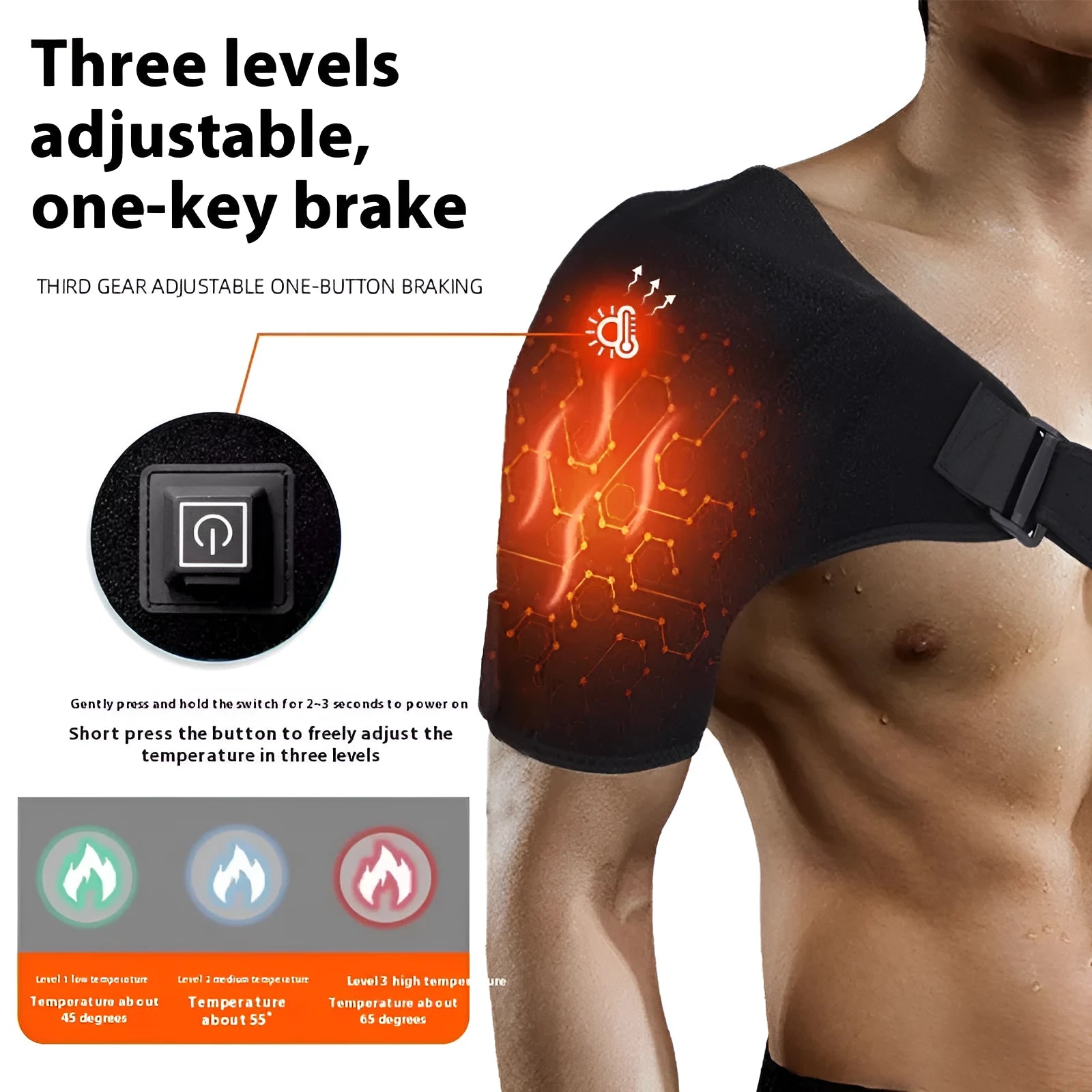 USB electric heating shoulder pad showing plug-in connection and padded shoulder design
