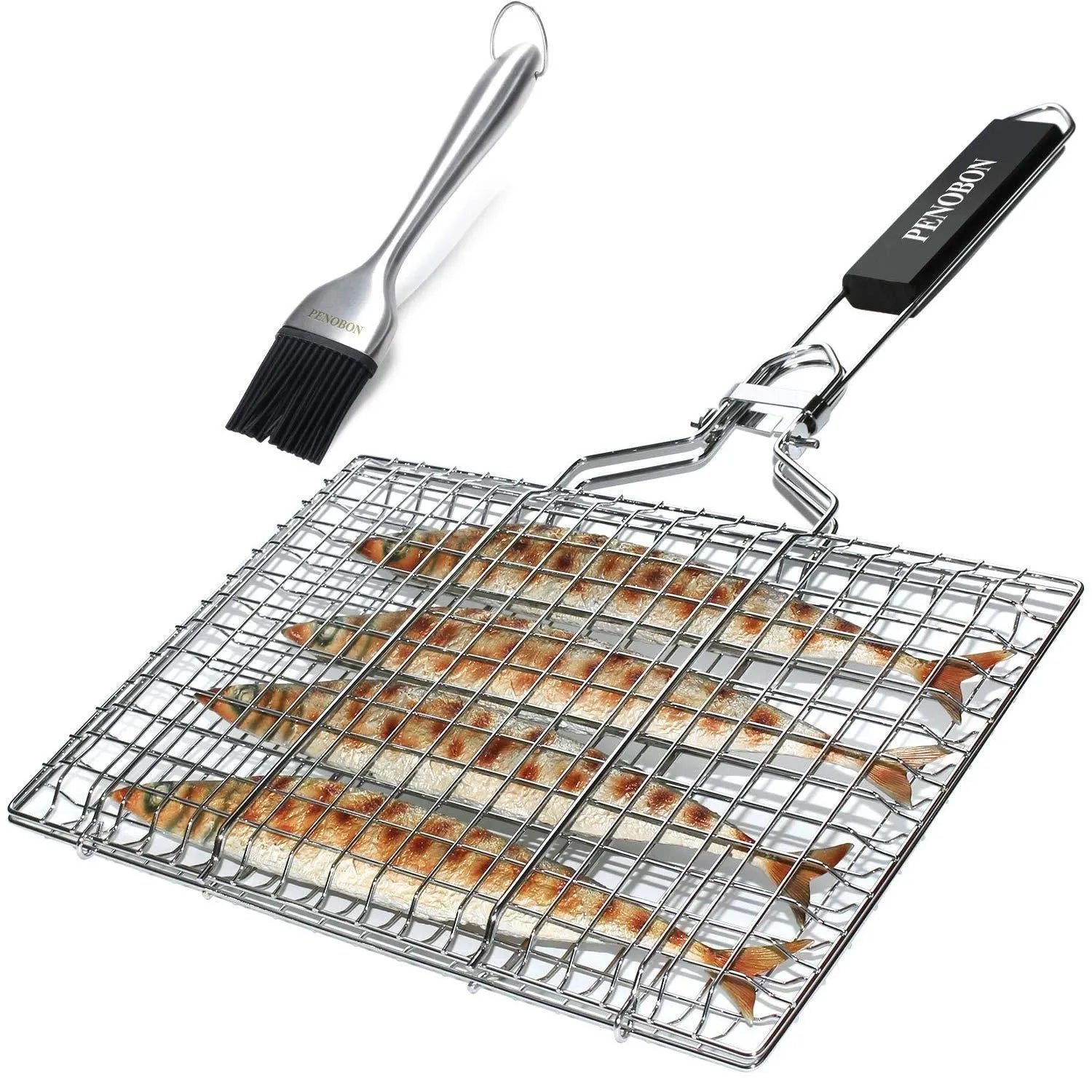 Square stainless steel barbecue mesh basket with folding design and cleaning brush for outdoor cooking