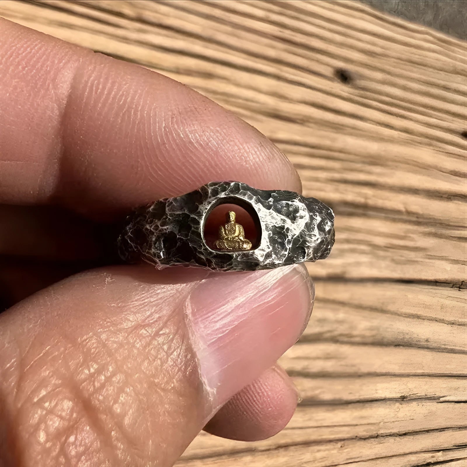Hand-forged copper grotto Buddha ring with rock texture surfaces, size 8 measurement