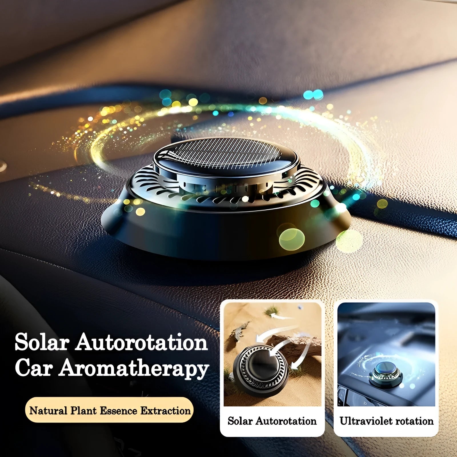 Solar-powered kinetic car air freshener with rotating double rings in black plastic with wood slice accents