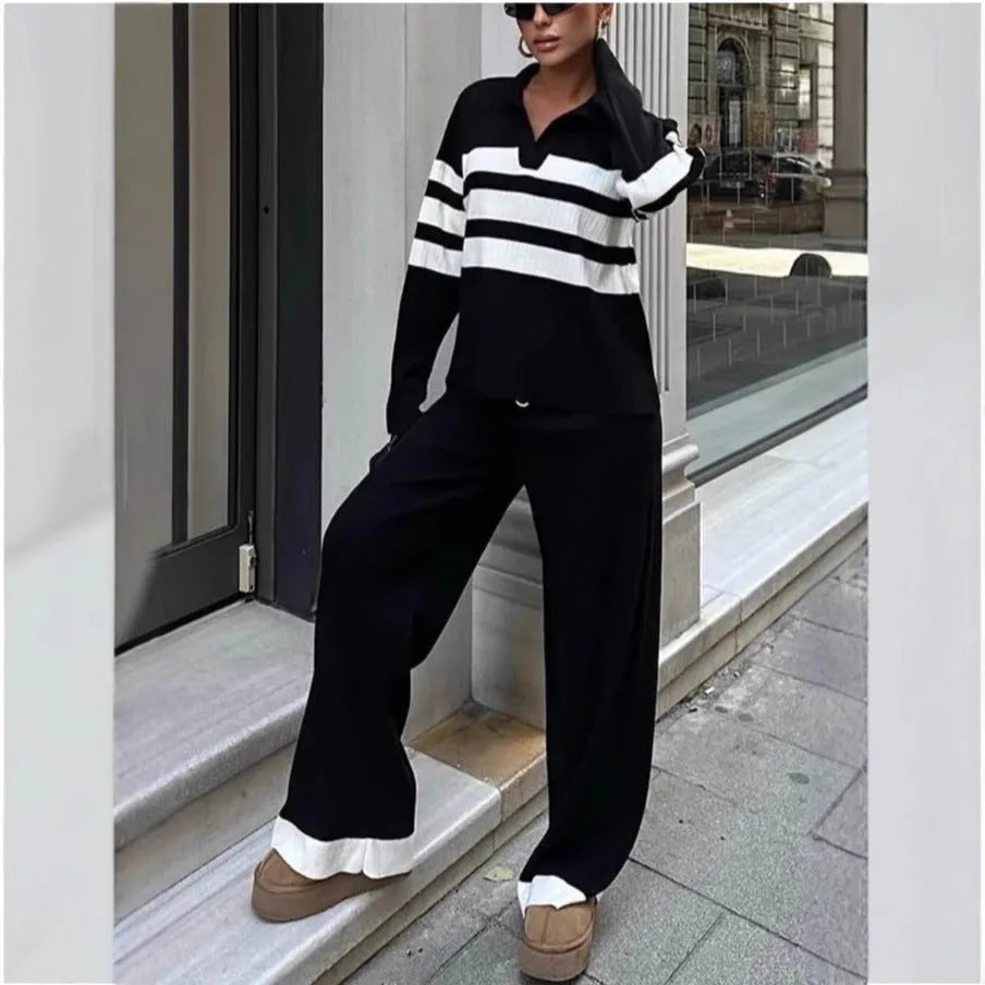 Women's black and white striped polo collar knitted two-piece set with matching trousers