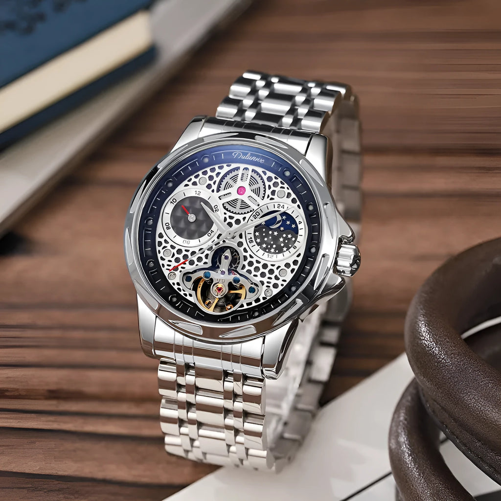 Men's waterproof automatic watch with luminous markers on a steel bracelet and a black dial.