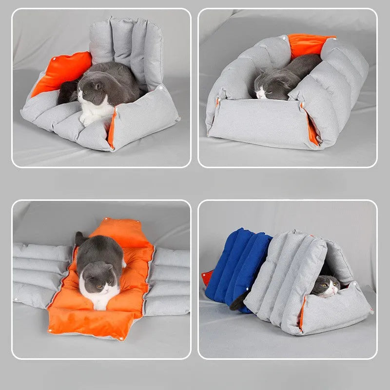 Blue triangular sofa-shaped cat nest with drilled holes for combination, showing removable cotton cover.