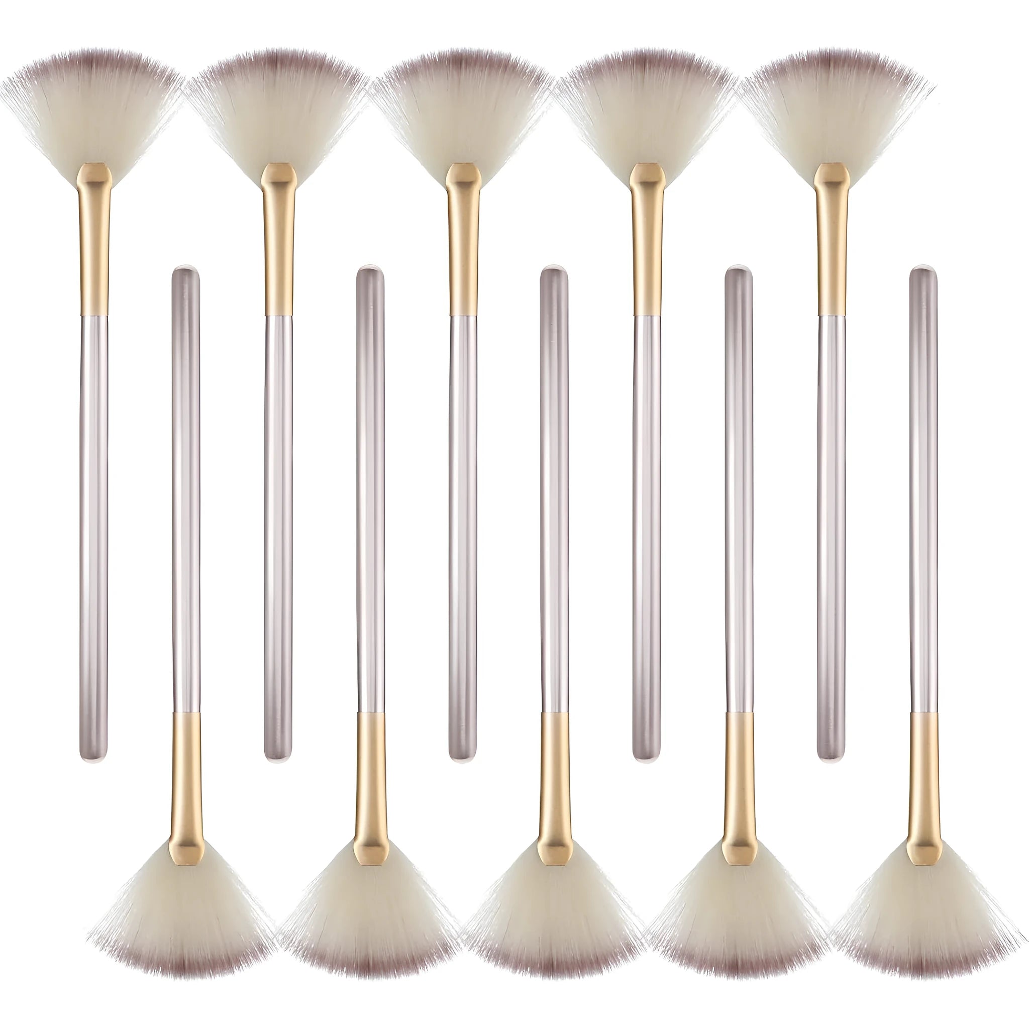 Ten champagne-coloured facial fan brushes with acrylic handles and protective covers.