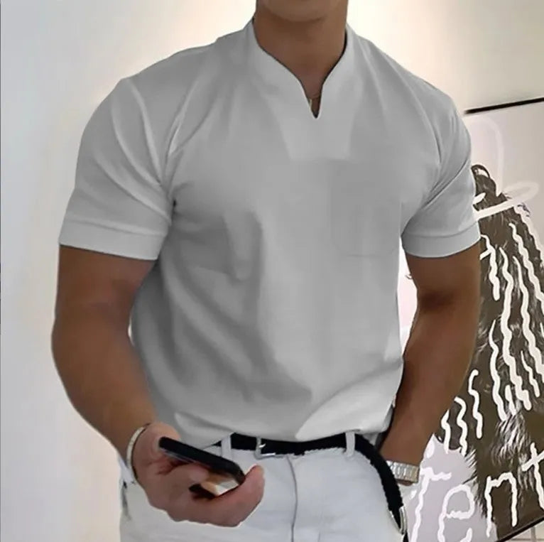 Men's summer short sleeve shirt with pocket in light grey, loose stand collar fit with plain pattern, plus size S-5XL