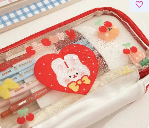 Transparent heart-shaped pen case with Korean-style rabbit motif, pink and red design options