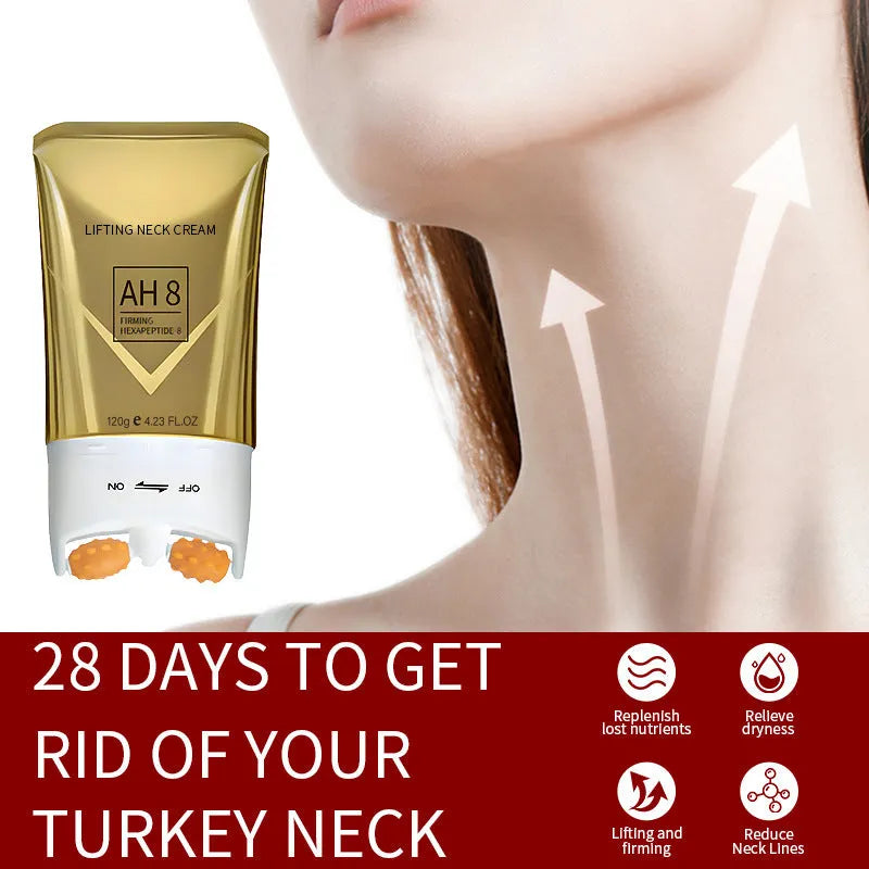 Roller neck cream in container with 120g net content for moisturising and firming.