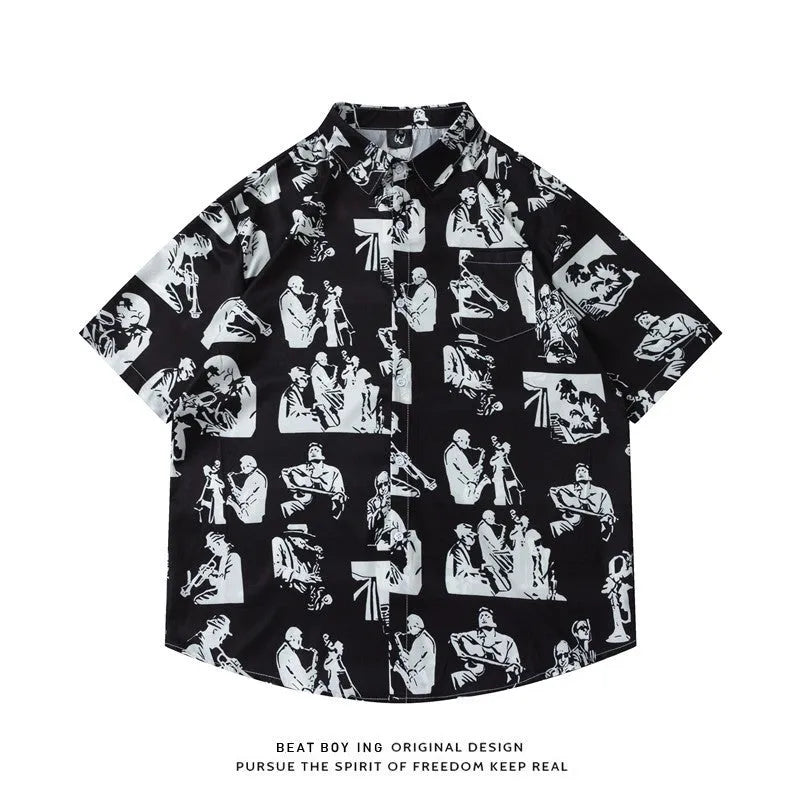Loose short sleeve shirt with floral print, worn open as a cardigan-style top.