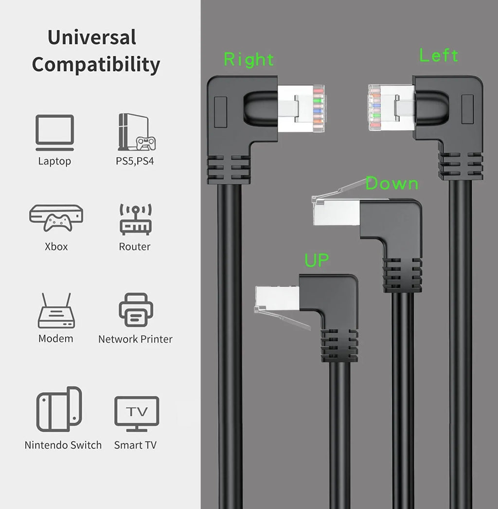 Cat6 Ethernet cable with right-angle RJ45 connector in various colours and lengths