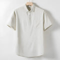 Men's loose lapel linen T-shirt in hemp blend fabric, shown in optic linen colour.