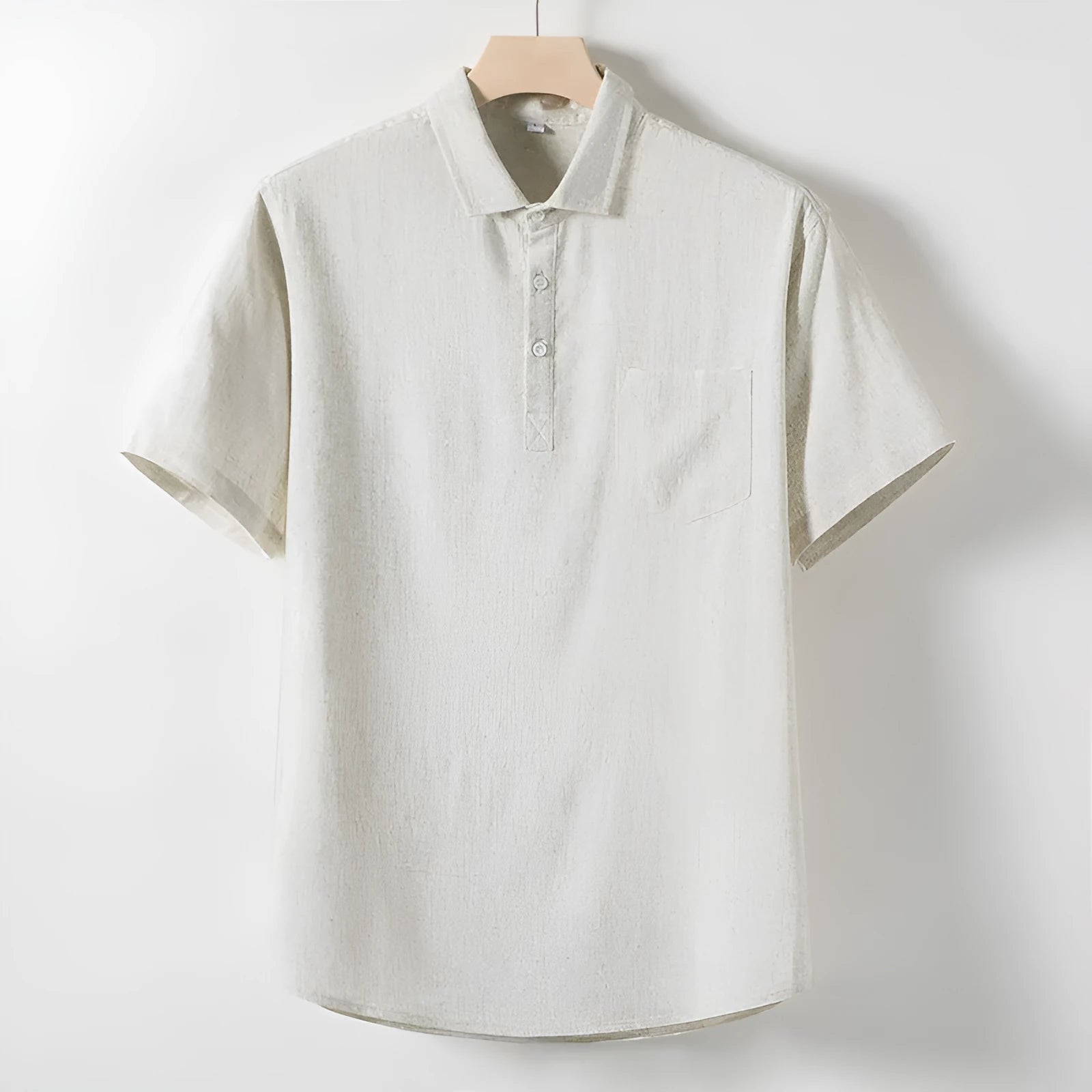 Men's loose lapel linen T-shirt in hemp blend fabric, shown in optic linen colour.