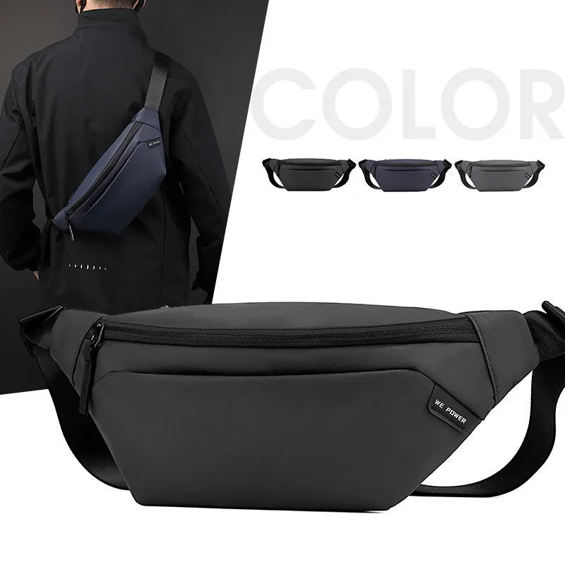 Outdoor casual waterproof nylon crossbody shoulder bag for men in black solid colour sewing line detail
