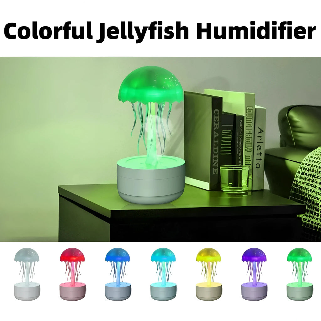 White jellyfish style humidifier diffuser with colourful LED lights and mist output