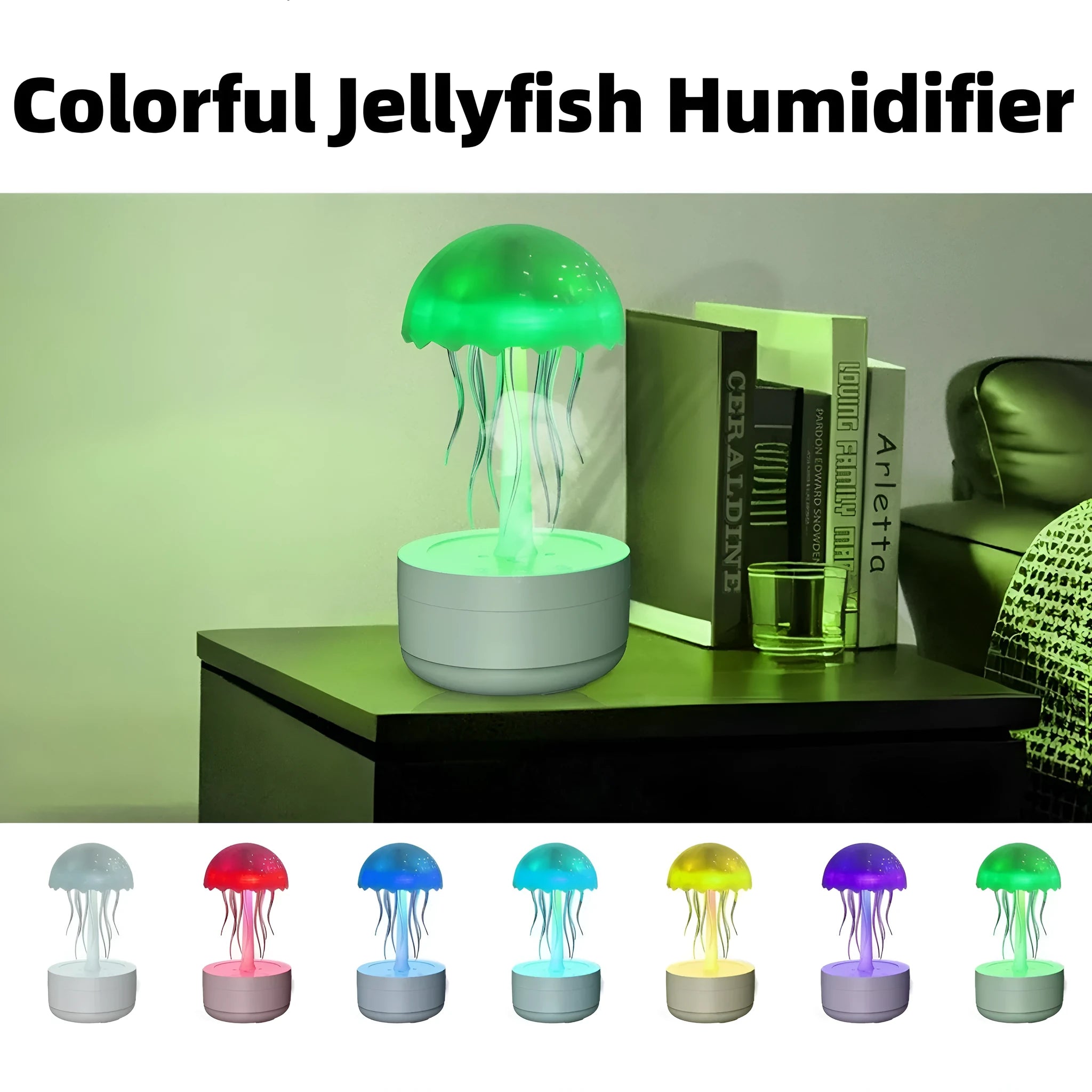 White jellyfish style humidifier diffuser with colourful LED lights and mist output
