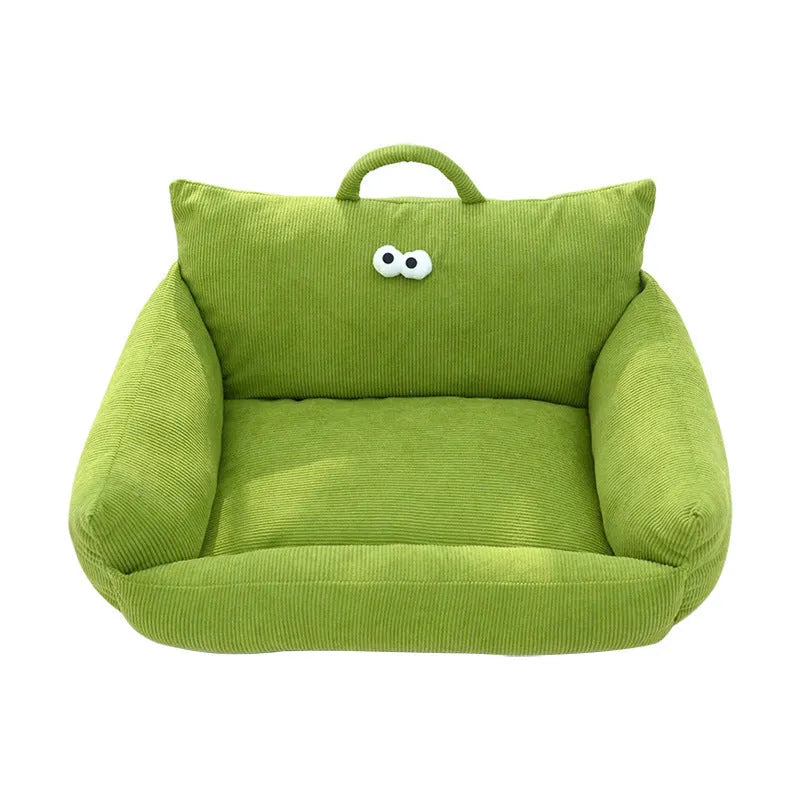 Warm puppy sofa kennel with cartoon eyes in blue colour, small size 55x45cm