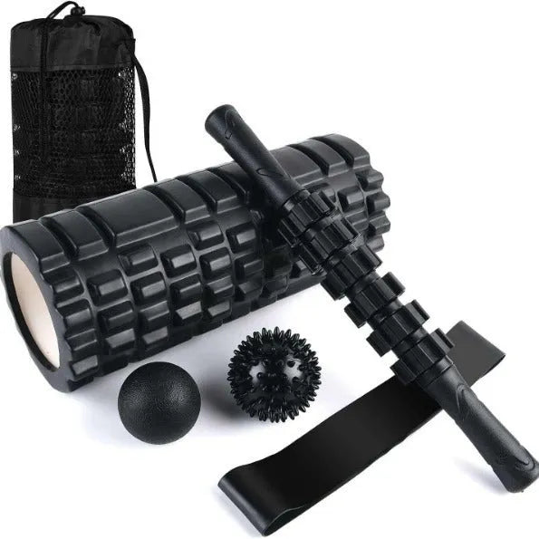 Black 33cm foam massage roller with six distinct segments for muscle recovery