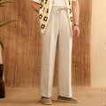 Linen high waist trousers with elasticated waistband in navy blue colour straight-leg design