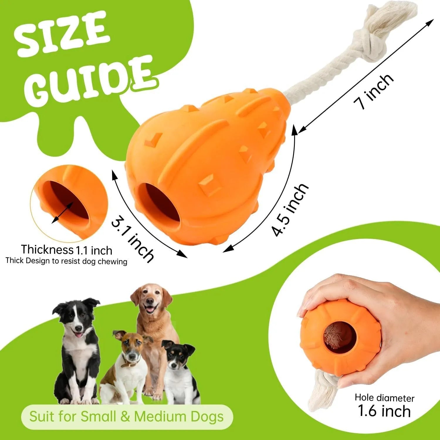 Natural rubber stuffable dog toy for small medium breeds with longer strap for fetch and tug