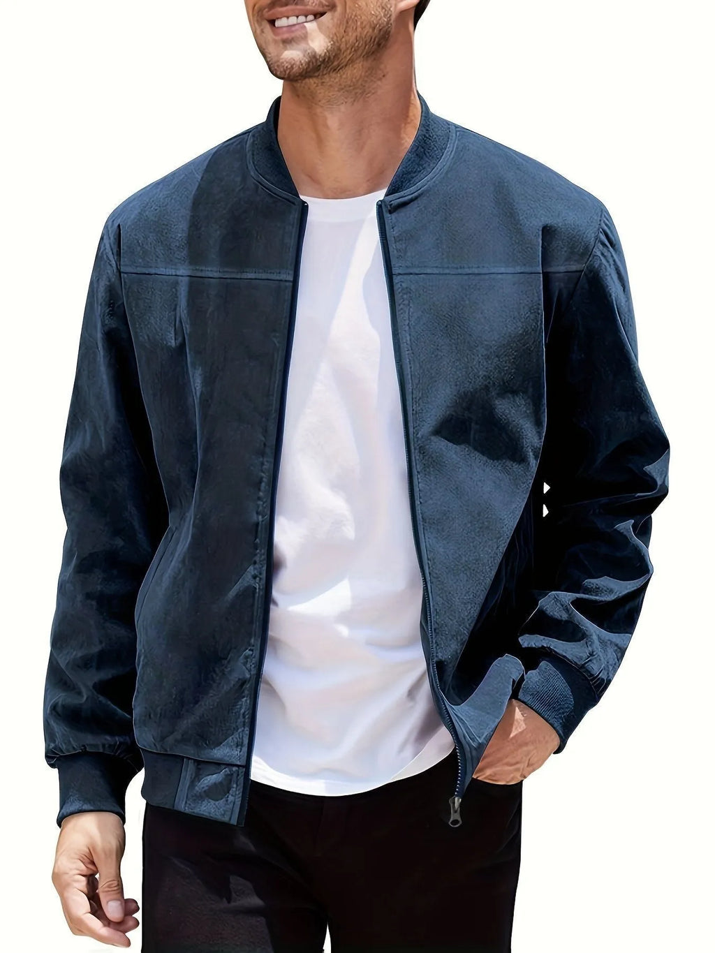 Men's plus size casual jacket in suede fabric, shown in Army Green colour with a front zipper.