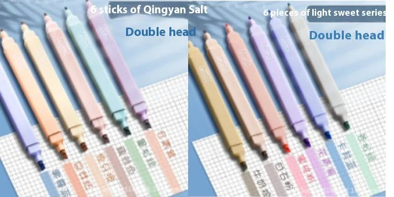 Set of double-ended fluorescent marking pens showing two different coloured nibs on each pen