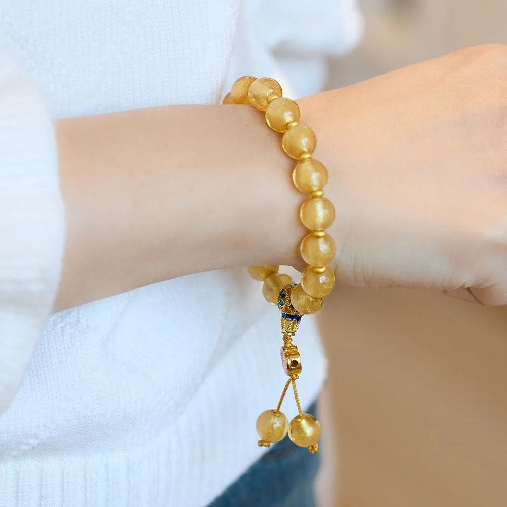 Natural stone beaded mixed stitching bracelet with 10mm gold foil and pink agate beads, flower style