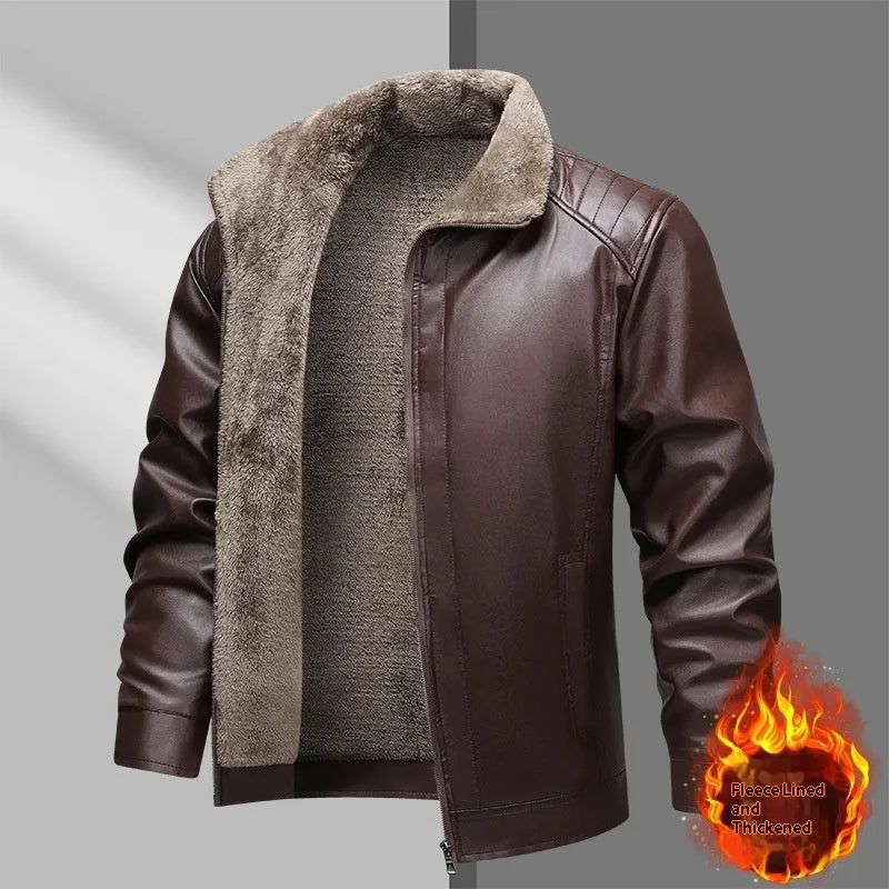 Men's fleece-lined thickened real leather jacket in black, casual leisure outerwear