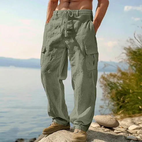 Men's cotton wide-leg casual trousers in light army green colour with mid-waist design