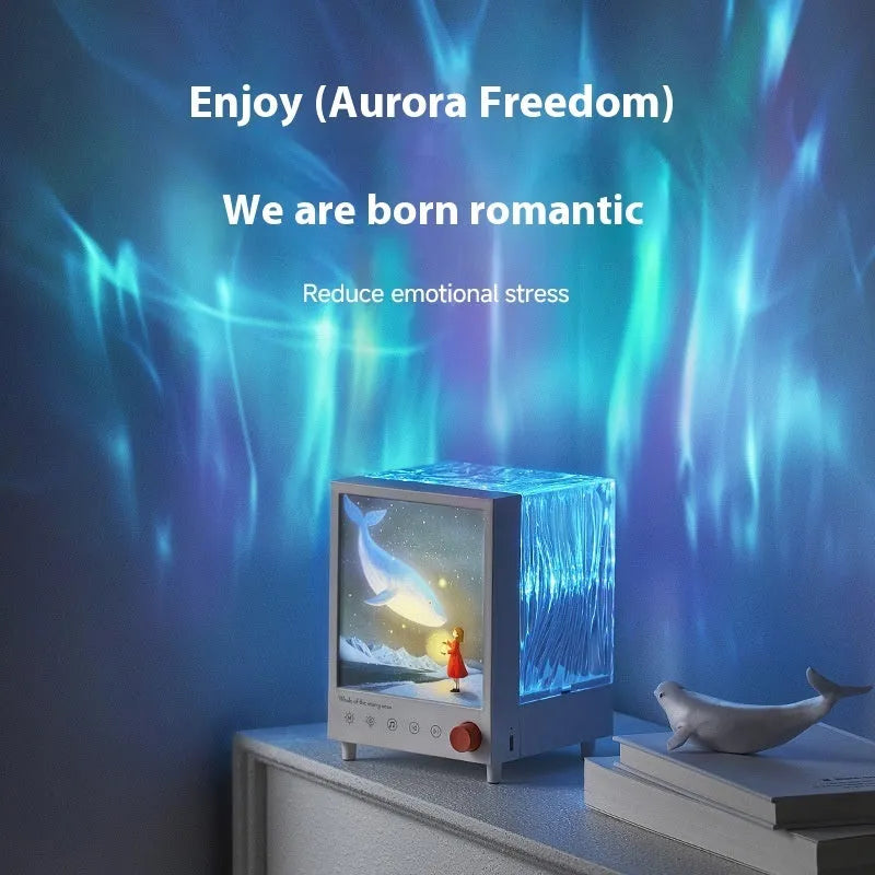 Aurora Treasure Box atmosphere projection lamp with Bluetooth speaker showing Star Sea Whale light colour and compact design