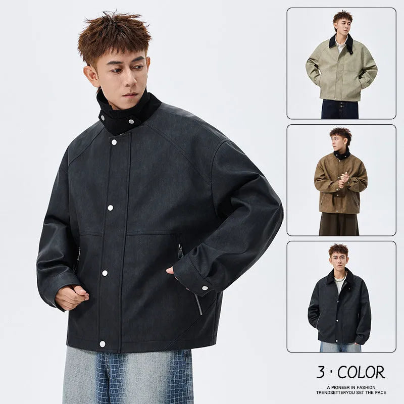 Large size men's PU leather coat with polo collar in khaki, shown on model, size 8XL available
