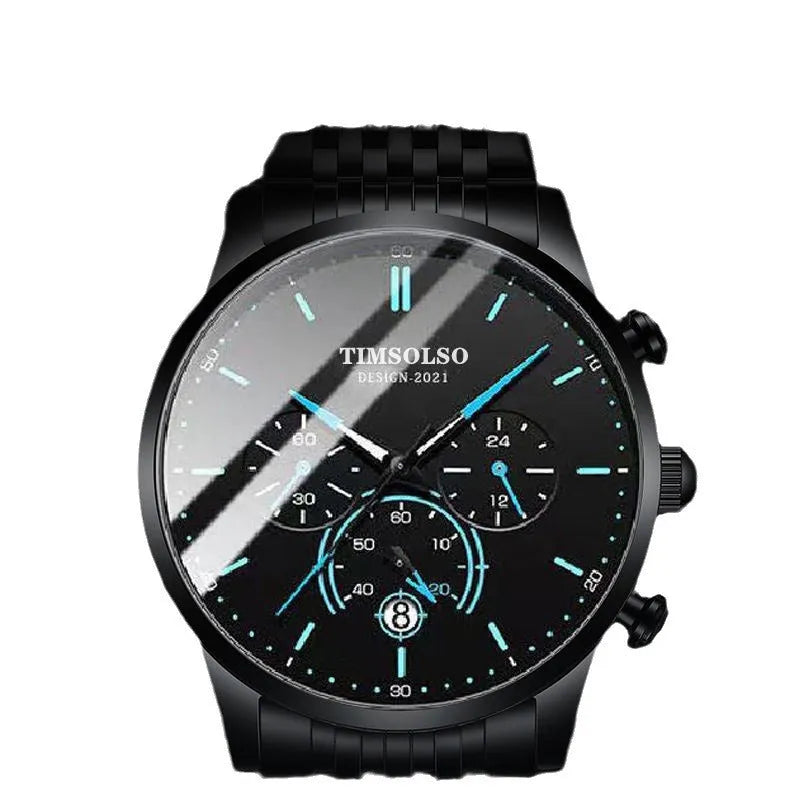 Ultra-thin 6mm calendar quartz watch with black two-tone metal strap, white dial, and date window