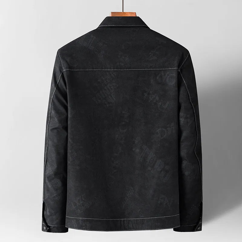 Men's grey denim jacket coat with lapel collar and multiple pockets, slim fit, front view