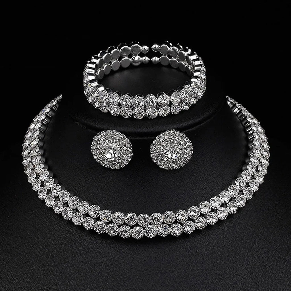 Women's rhinestone double-layer necklace and bracelet with stud earrings in gold set