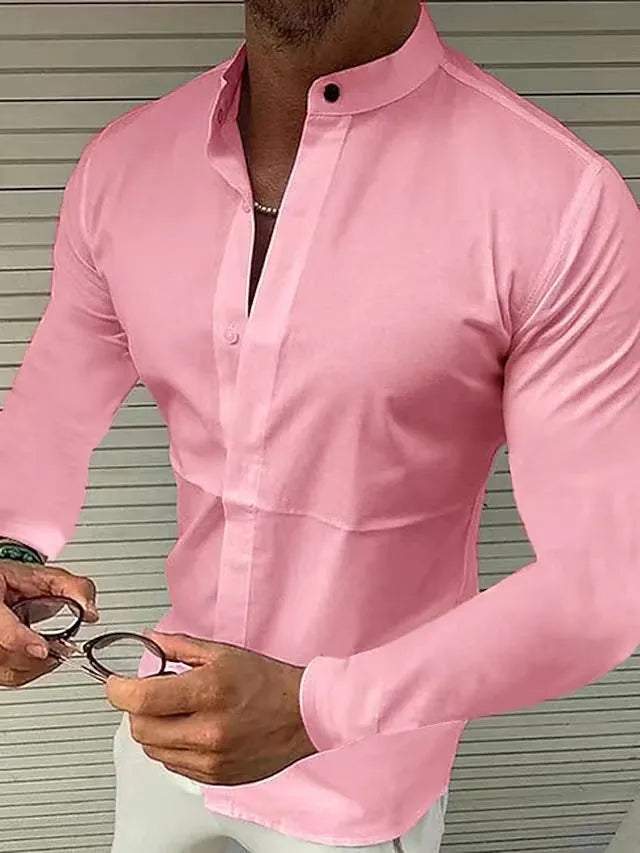 Men's cardigan shirt in solid colour imitation silk fabric with standing collar, front view, available in multiple colours