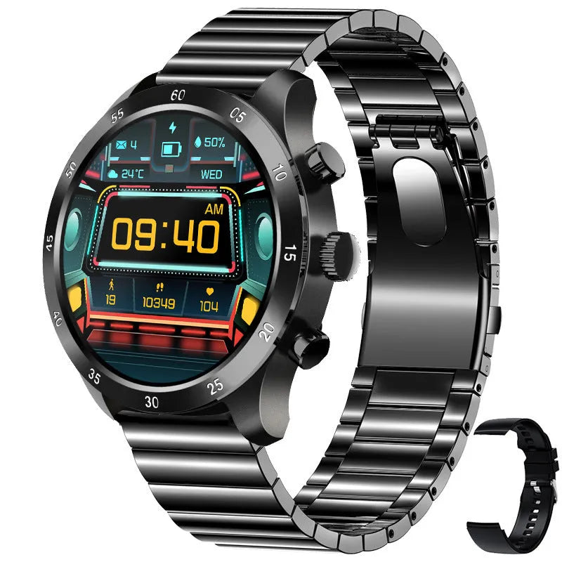Black smart watch with steel bracelet showing heart rate monitoring and call display on screen.