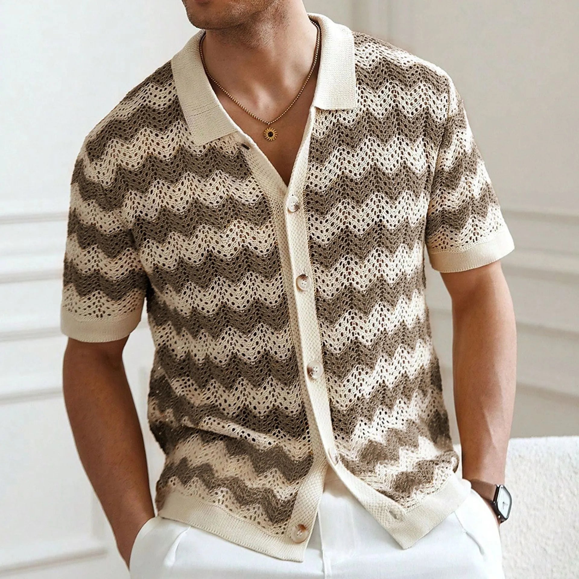 Men's blue short sleeve sweater with textured hollow jacquard corrugated pattern