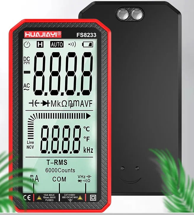 Large screen automatic digital multimeter in black, handheld design for electrical testing