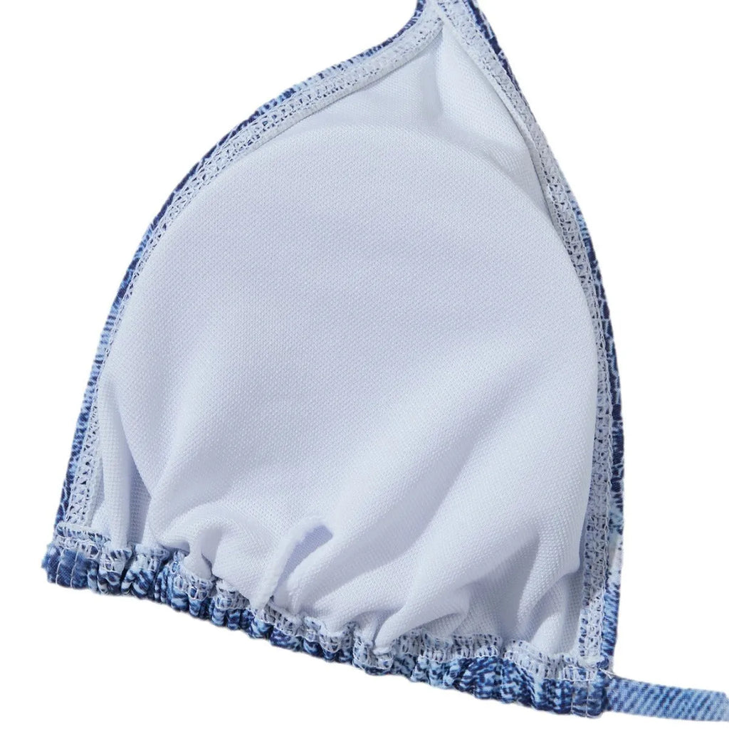 Women's denim blue printed bikini swimsuit with decorative strap detailing