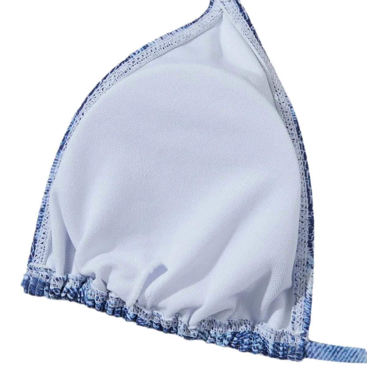 Women's denim blue printed bikini swimsuit with decorative strap detailing