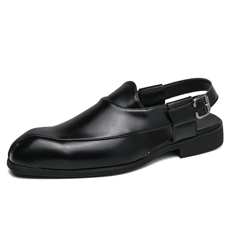 Plus size men's slip-on square toe artificial pu sandals in black with rubber sole and stitched detailing on a light background