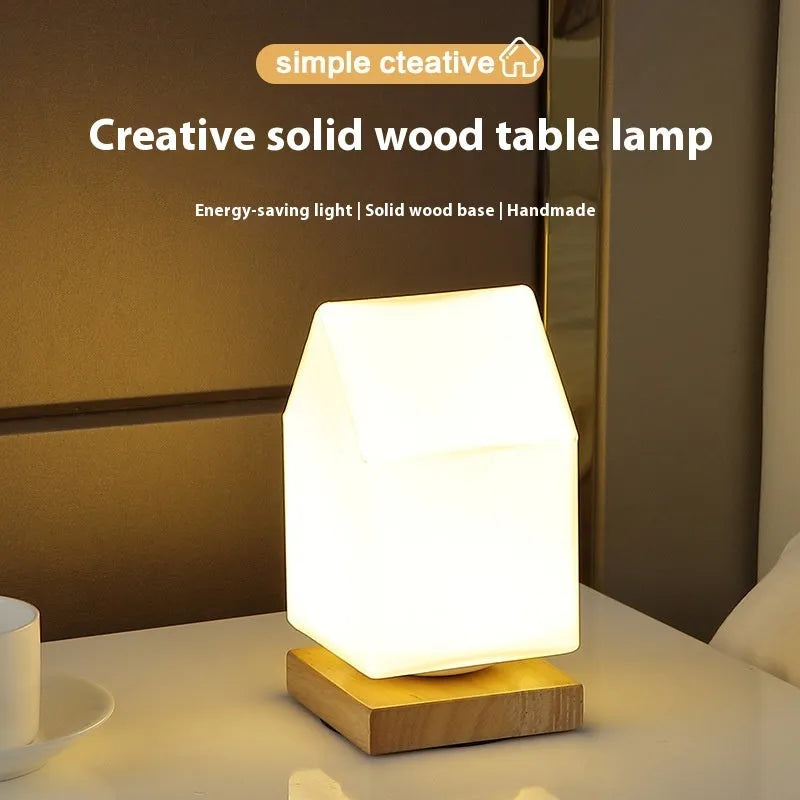 Nordic solid wood USB table lamp in cube style with touch dimming control on wooden desk